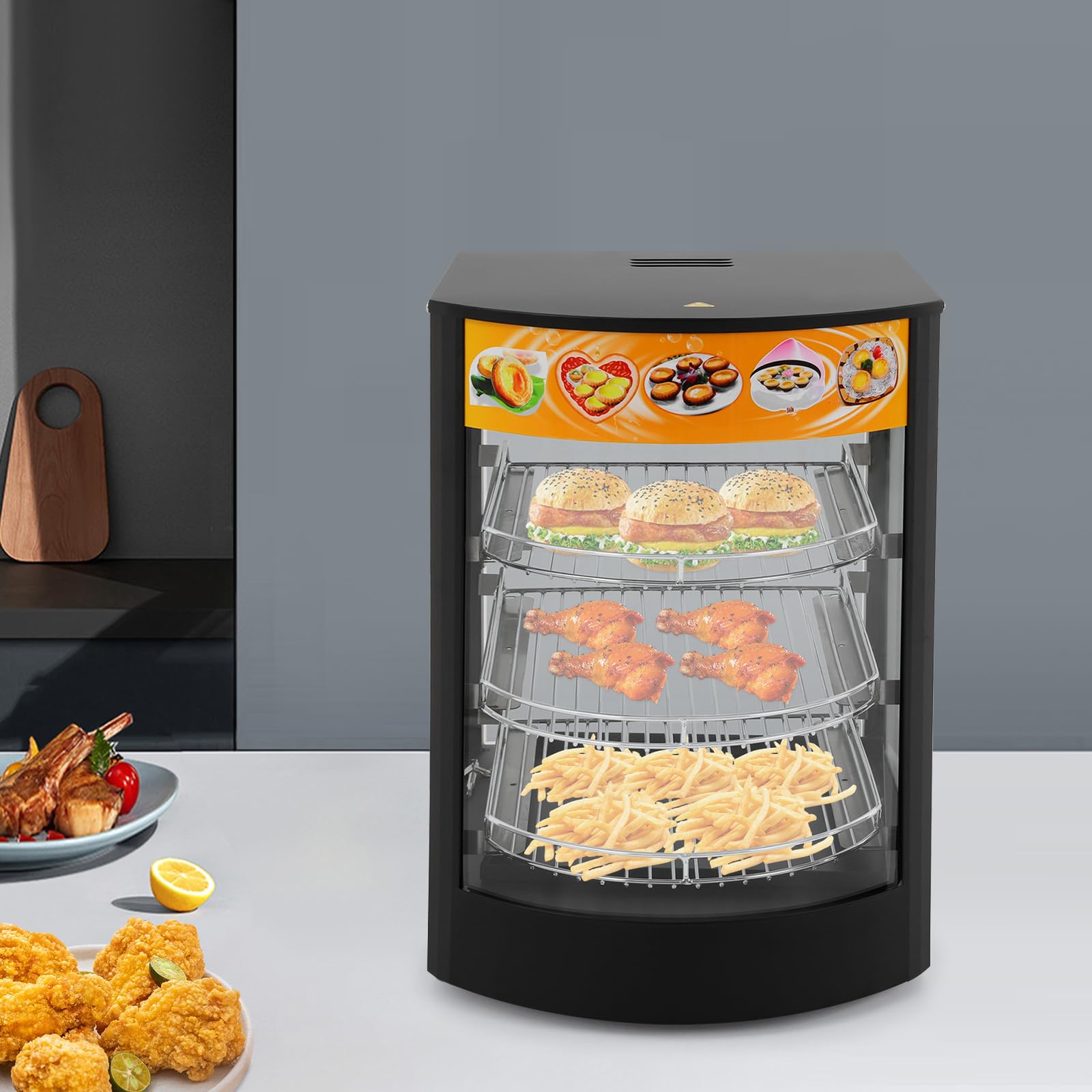800 W 3 pisos calentador de alimentos eléctrico, 30 – 85 ℃ | Vitrina caliente para cafés, panaderías, tiendas de comestibles, 35 x 42 x 52 cm, color negro