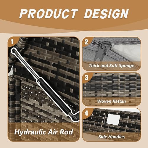 Miniatura 6 de Banco de almacenamiento de mimbre para exteriores de 90 galones con cojín, caja de mimbre de polietileno para patio con asas (gris), gris