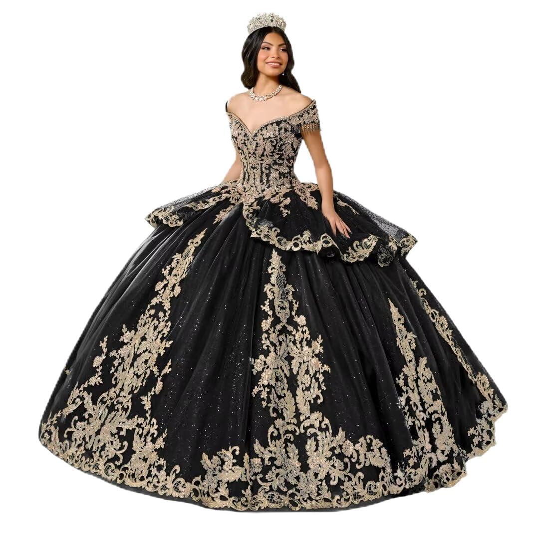 DXUOPL Glitter Tulle Quinceanera Dress with Train Luxury Tassel Sweet 15 16 Dress with Detachable Bow Gold Beaded Ball Gown