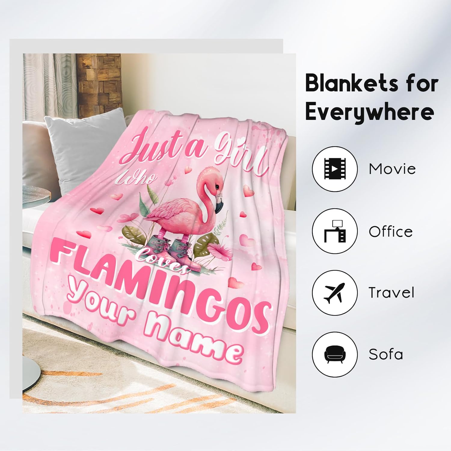 Custom Flamingo Blanket with Name, Personalized Flamingo Gifts for Girls Women, 60"x80" Soft Pink Blankets Gift for Girls Daughter, Cute Flannel Kids Throw for Bed