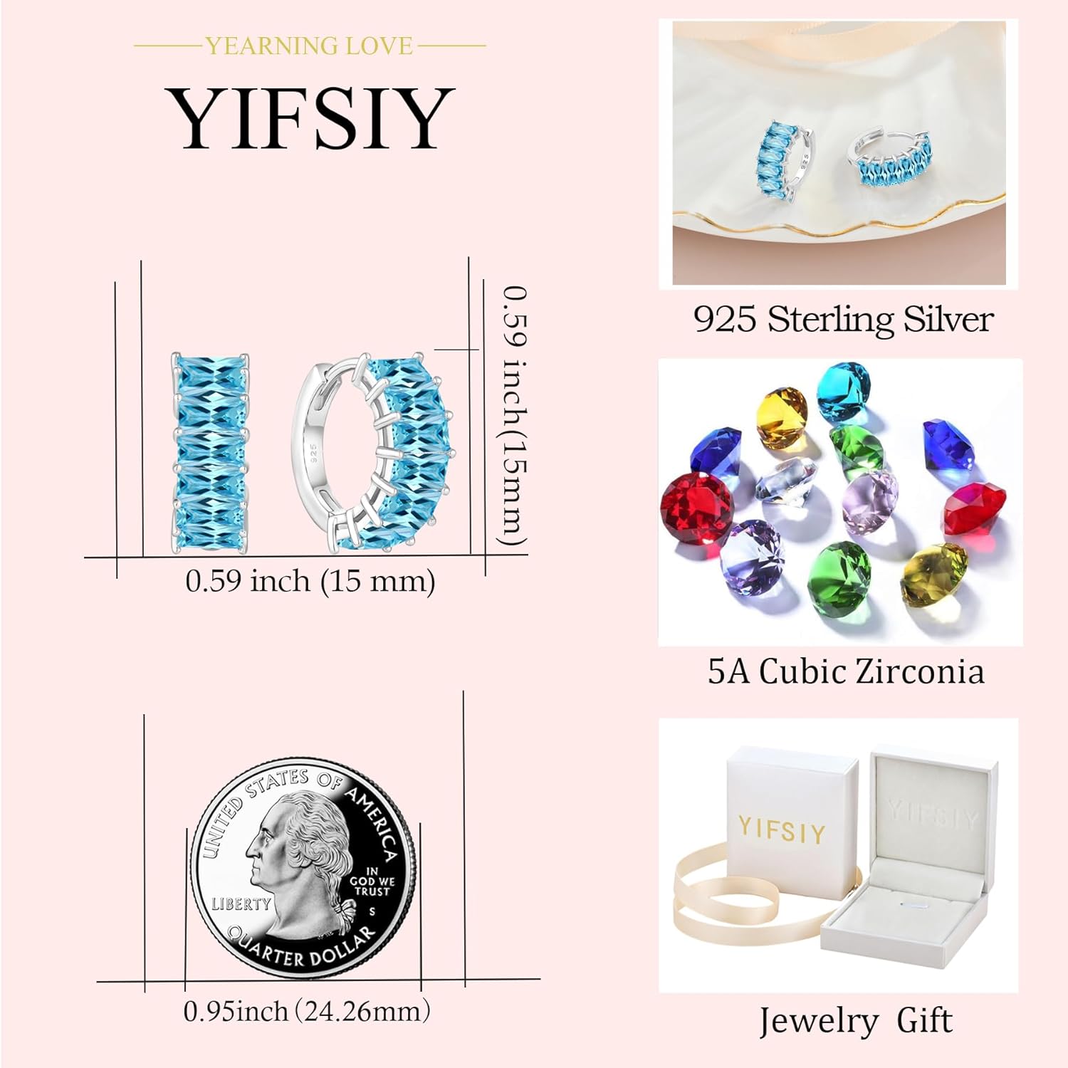 Gemstone Huggie Hoop Earrings, 925 Sterling Silver Baguette Hoop Earring Birthstone Jewelry Gift for Women - Image 6