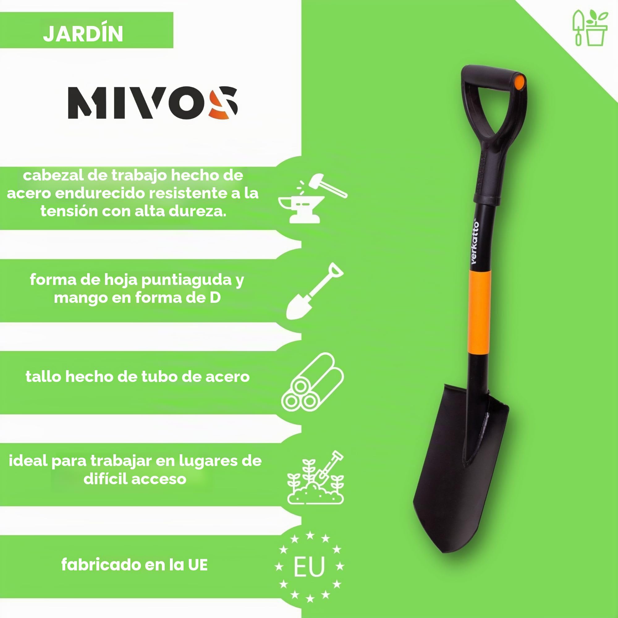 Mivos Mini Pala Puntiaguda de Acero endurecido – 75 cm – Pala de Campo con Mango de Metal y Mango en D – Pequeña Pala Puntiaguda para jardinería y construcción