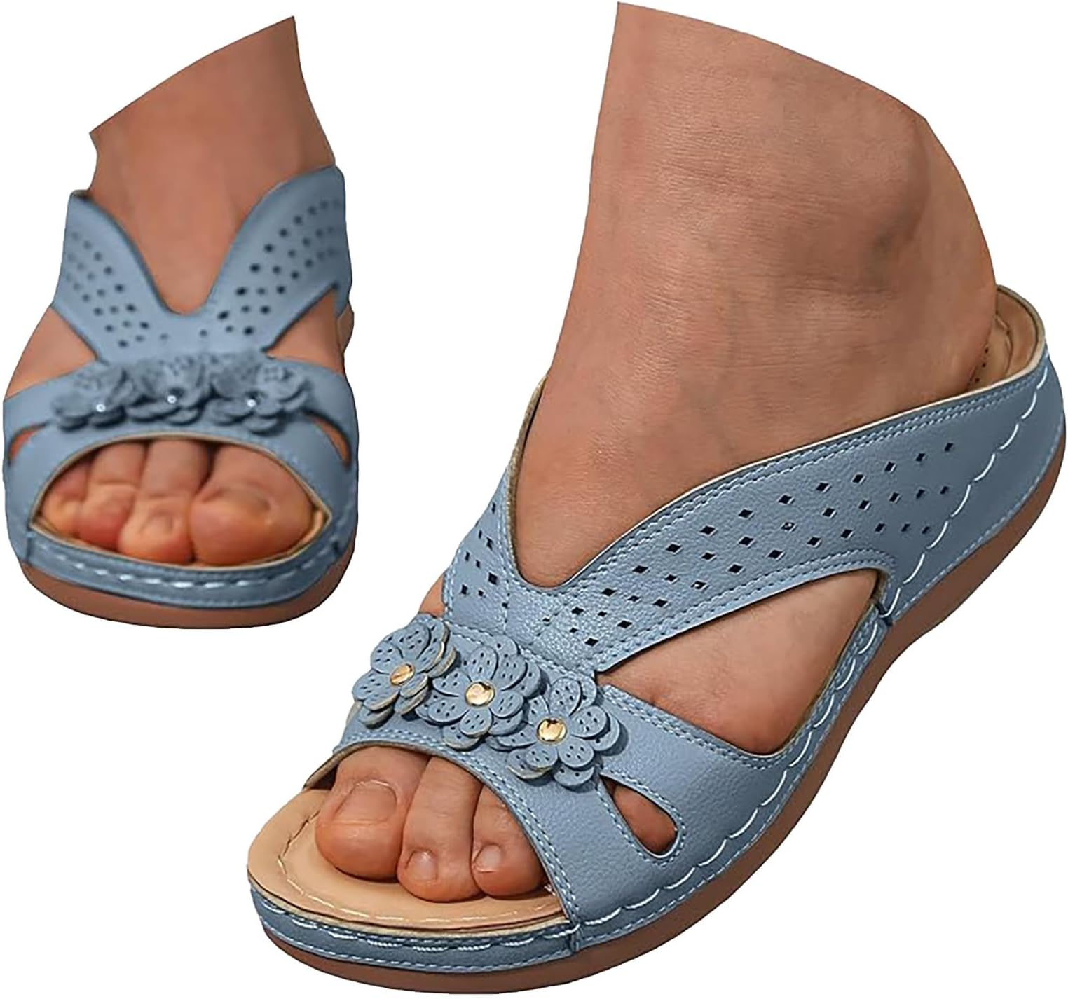 Women's Wedge Heel Sandals, Women's Summer Floral T-Strap Flat Sandals, Comfortable Lightweight Beach Sandals, Slip-On Roman Sandals, Large Sizes, Leisure Sandals, Mules