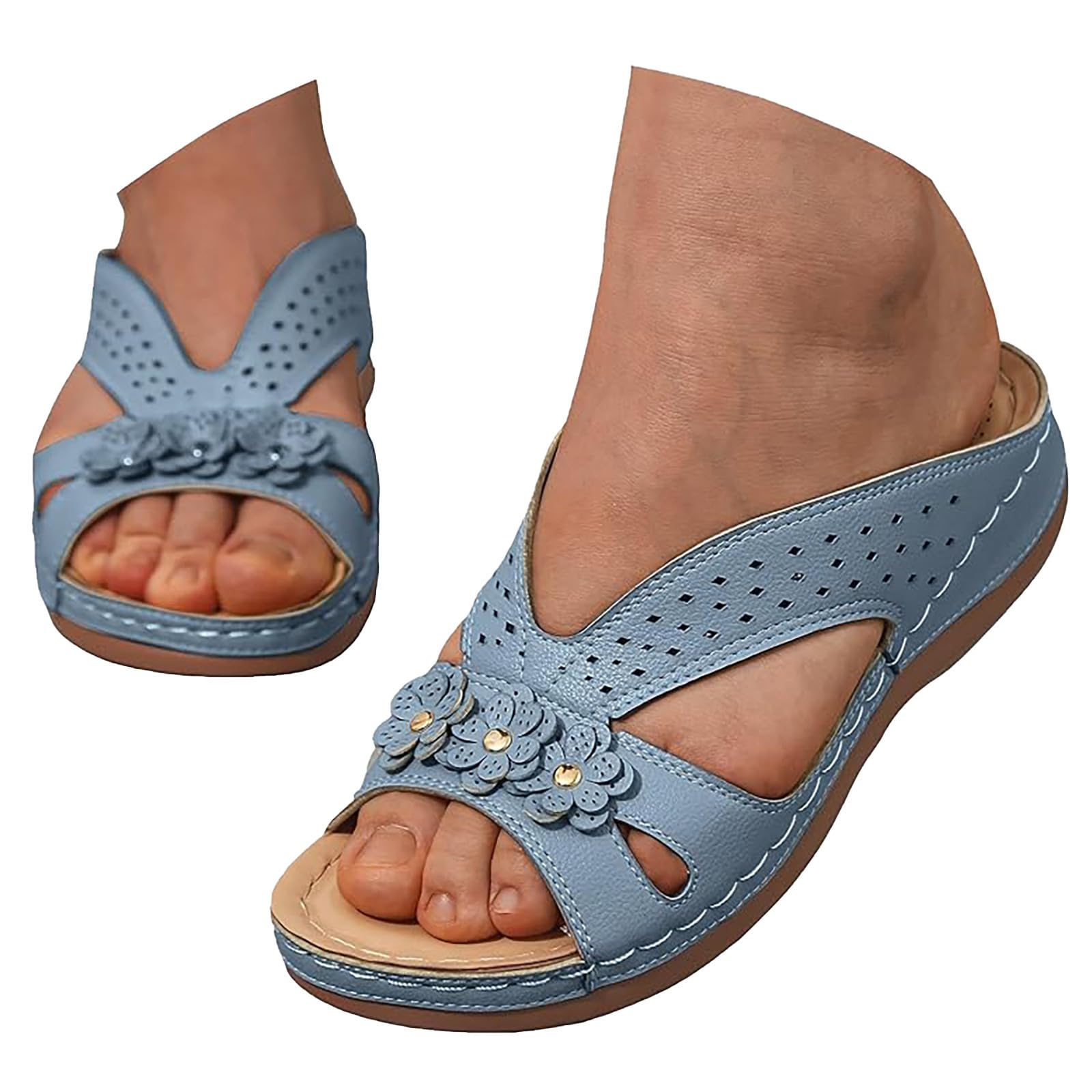 Women's Wedge Heel Sandals, Women's Summer Floral T-Strap Flat Sandals, Comfortable Lightweight Beach Sandals, Slip-On Roman Sandals, Large Sizes, Leisure Sandals, Mules