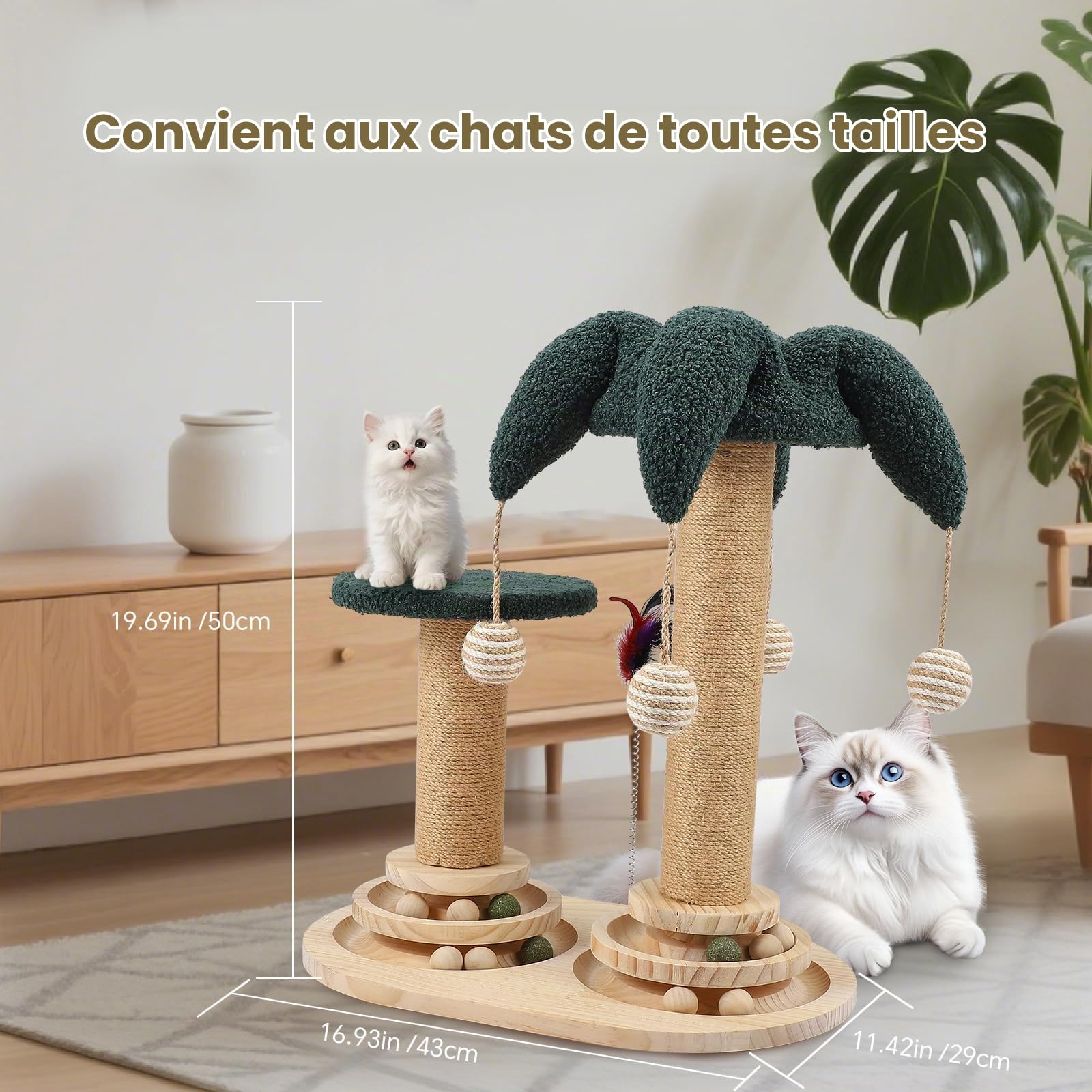Jouet Interactif Pour Chat 6-en-1 Avec Boule Rotative, Plumes, Sisal Et Jute Arbre à Chat, Griffoir Et Jouets Pour Petits Et Moyens Chats, Meuble à Griffer, Jouet En Bois Griffoir Cylindre Avec Plumes