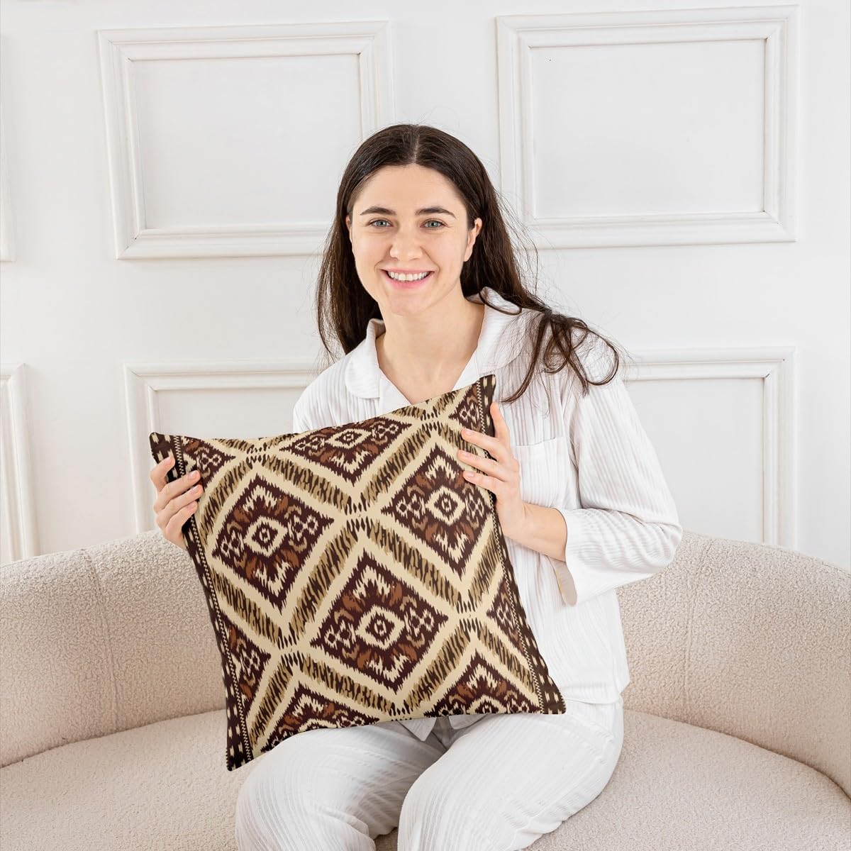 Set of 2 Ikat Pillow Covers 24x24 Aztec Throw Pillow Covers Floral Geometric Brown Ethnic Embroidery Cushion Covers Traditional Oriental Traditional Abstract Cushion Cases for Man Woman