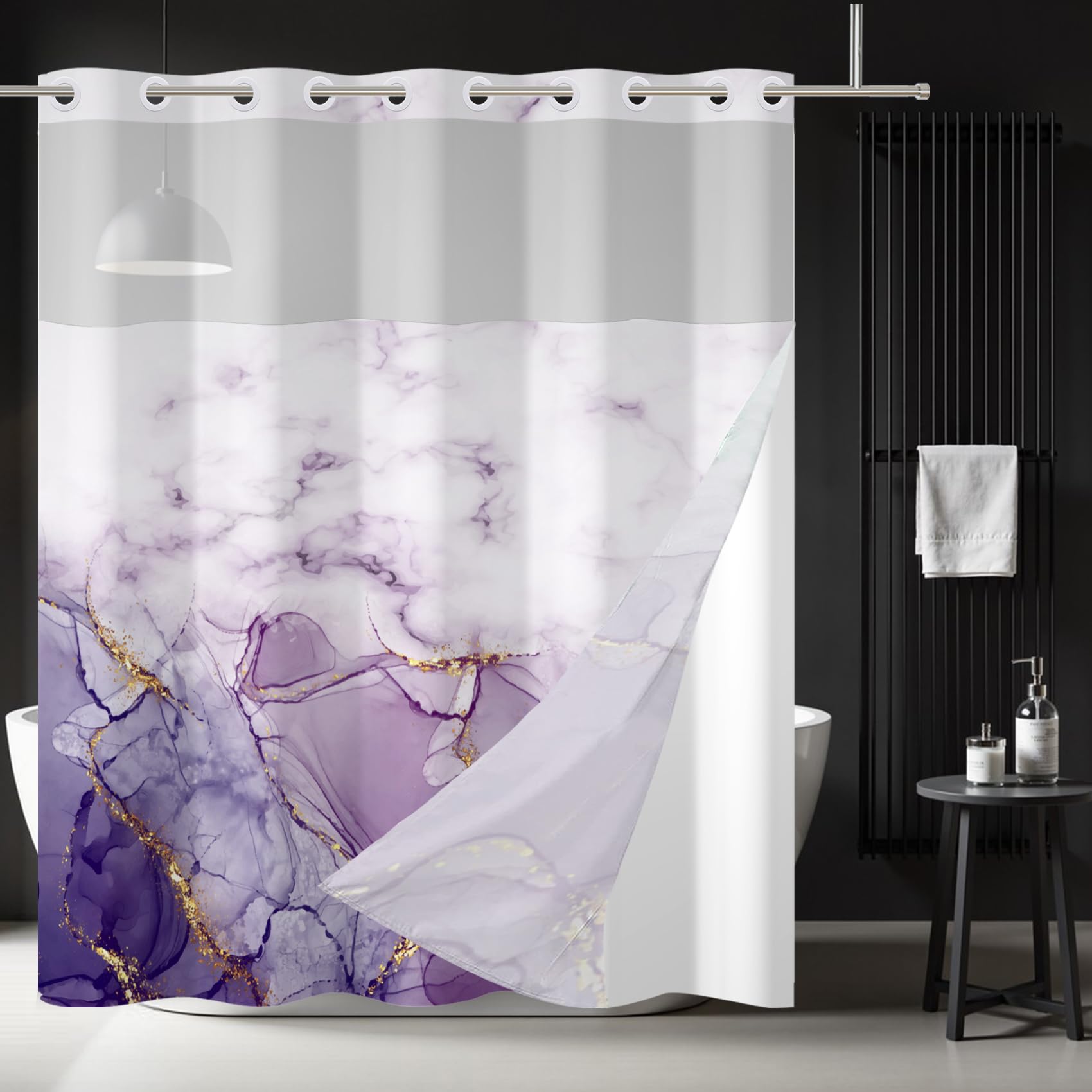 Cortina de Ducha mármol sin Ganchos con Forro a presión, Doble Capa Lujosa Moderna Impermeable, Decorativa para baño con Ventana Superior Transparente 183x188cm