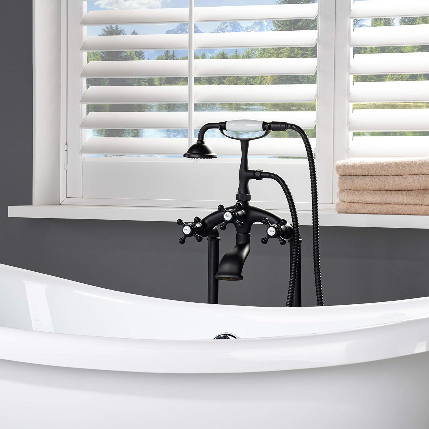 WOODBRIDGE F0020MB Freestanding Clawfoot Tub Filler Faucet with Hand Shower and Hose in Matte Black