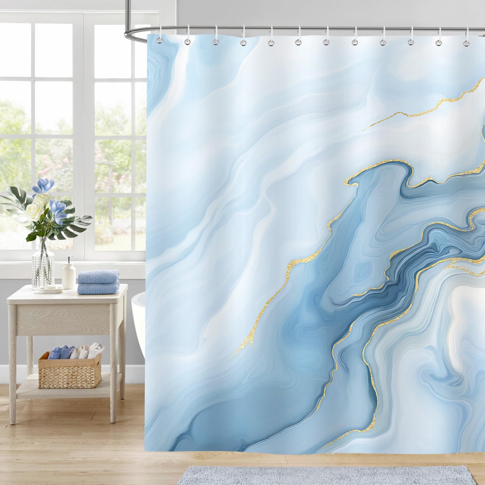 Rideau de douche marbre bleu 180x180 cm en tissu imperméable avec crochets