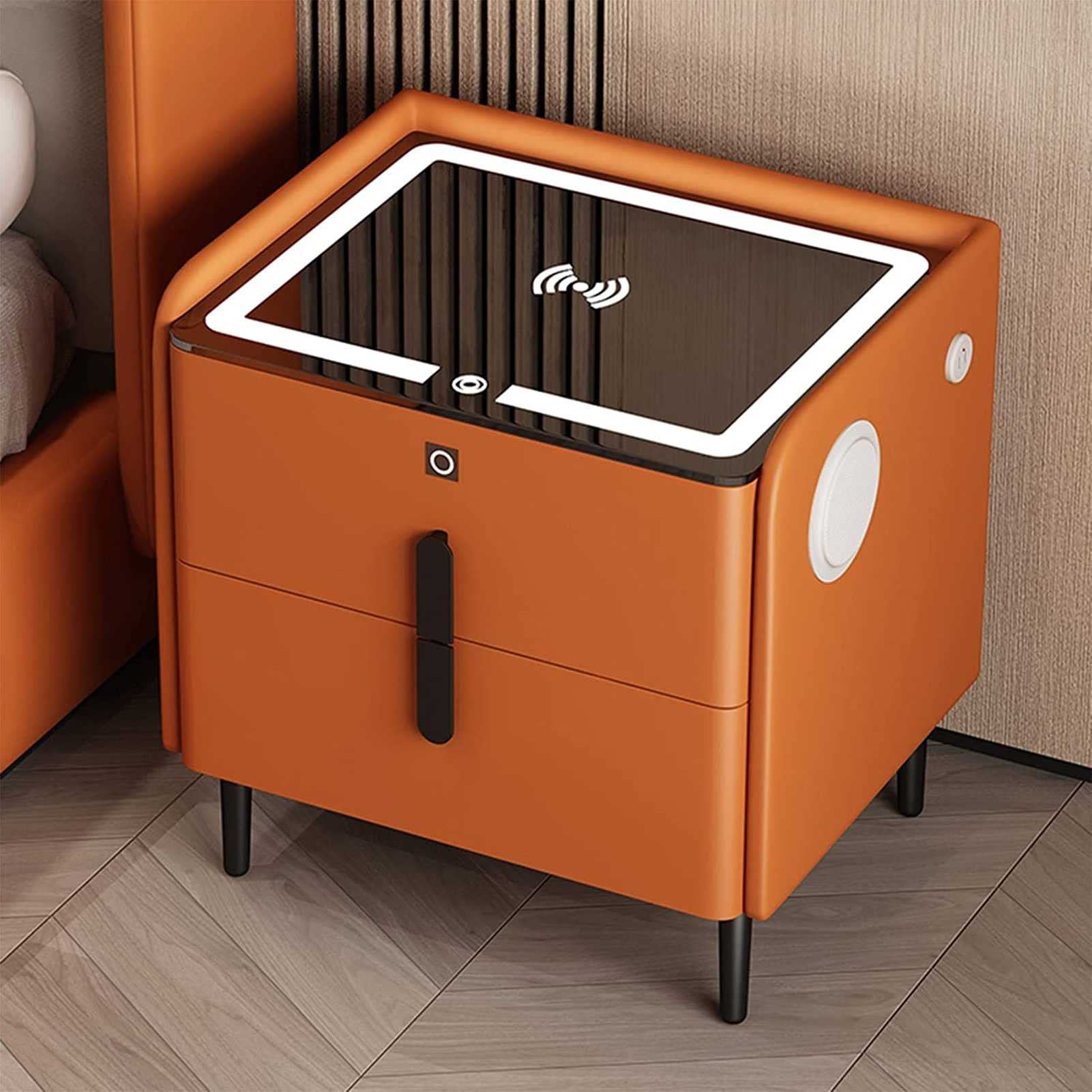 WENCY Smart Nightstand w/Wireless Charging & USB Charging Station, Bluetooth Speaker and Fingerprint Lock, Bedside Table w/2 Drawers Bedroom End Side Table Bedside Cabinet