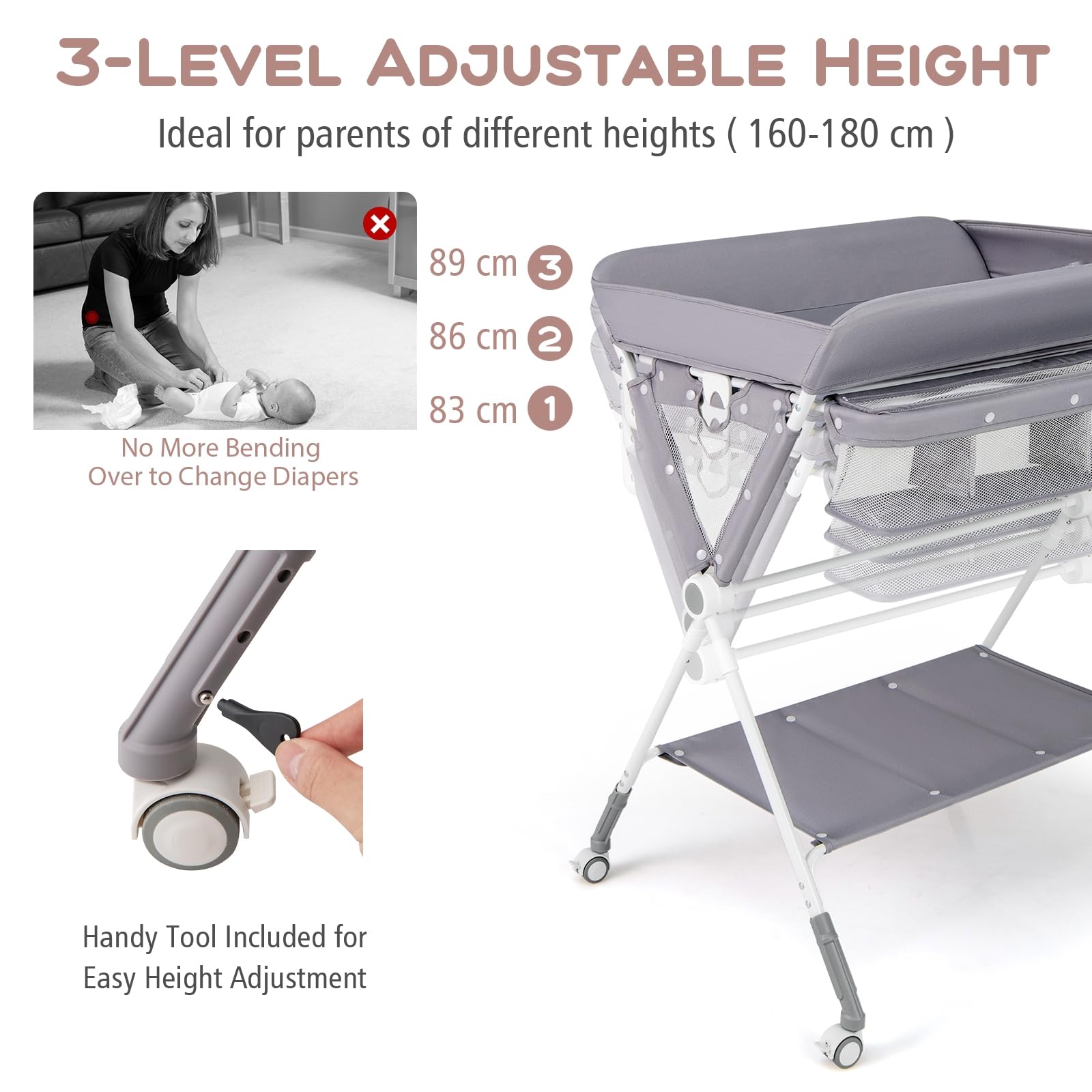 LIFEZEAL Cambiador 3 en 1 para Bebé, Cambiador Plegable con Ruedas, Cambiador de Pañal Ajustable de Tejido Oxford y PP, Capacidad de Carga 15 KG, no incluye bañera (Gris)