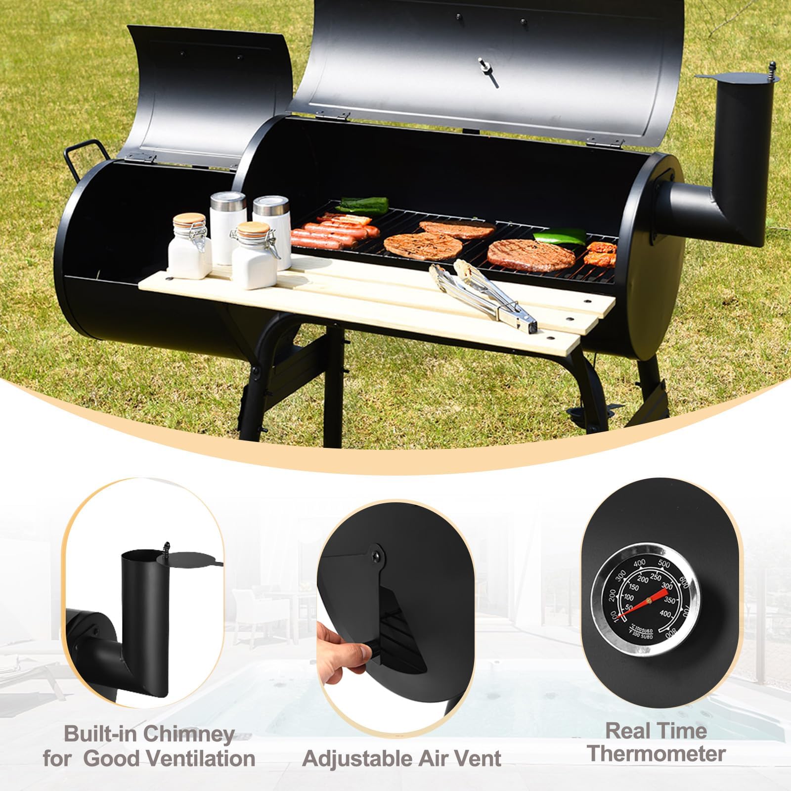 KOMFOTTEU Barbacoa de Carbón con Ruedas y Termómetro, Parrilla de Acero con Chimenea, Barbacoa Ahumadora al Exterior con Mesa Lateral y Estante Inferior, 115 x 65 x 108 cm