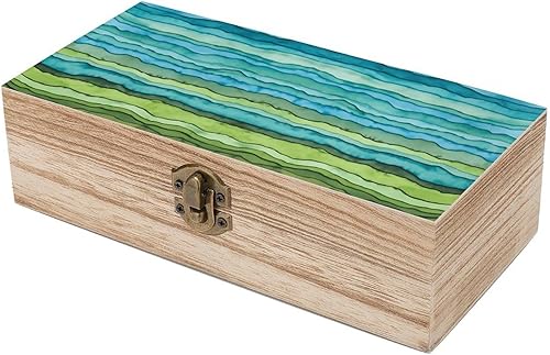 Miniatura 6 de Waves Desk Mat Blue And Green Wooden Storage Box Decorative Trinket Keepsake Box Wood Jewelry Organizer Box for Bedroom Office with Hinged Lid And