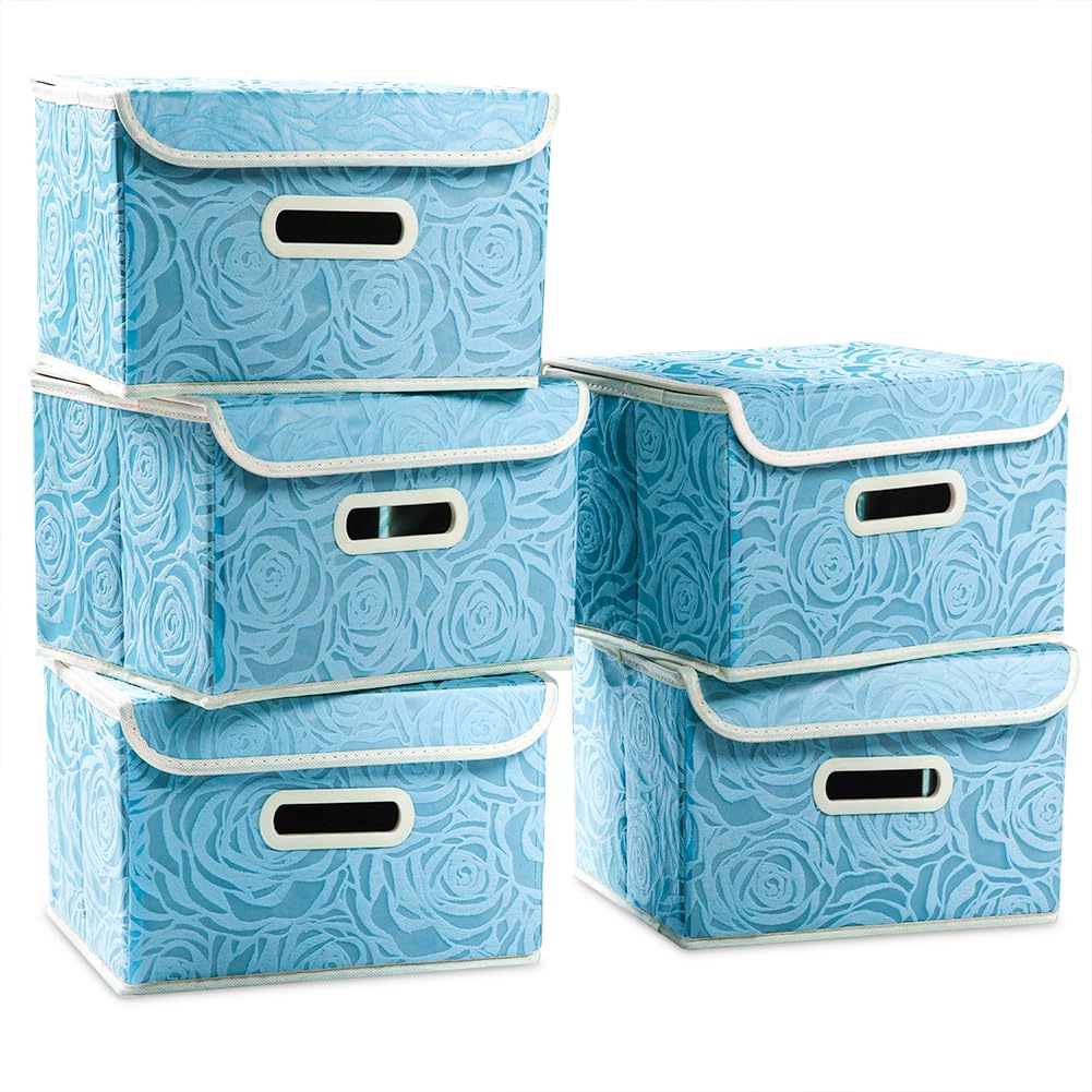 PRANDOM Collapsible Storage Boxes with Lids [5-Pack] Fabric Decorative Storage Bins Cubes Organizer Containers Baskets with Cover Handles Divider for Bedroom Closet Living Room Blue 9.8x7.9x6.7 Inch