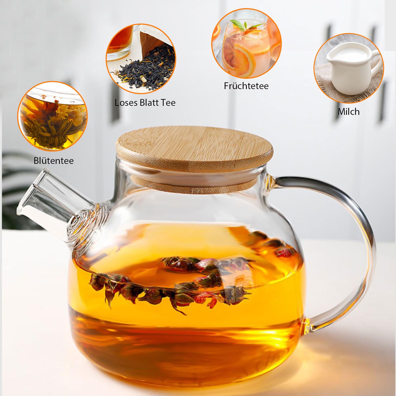Teiera con colino, 1000 ml, in vetro con coperchio in legno, resistente al calore, con filtro rimovibile, design moderno ed elegante per tè, tè e succo di fiori