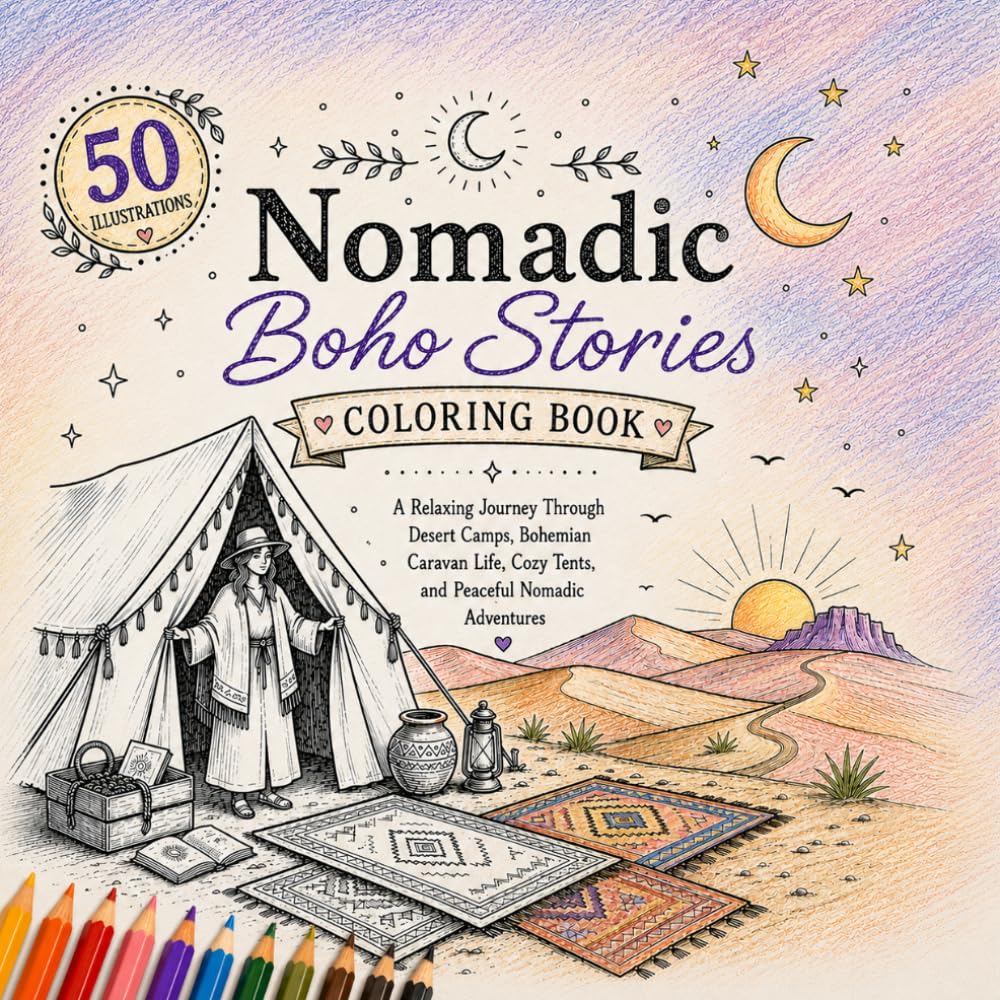 Nomadic Boho Stories Coloring Book: A Relaxing Journey Through Desert Camps, Bohemian Caravan Life, Cozy Tents, and Peaceful Nomadic Adventures (Boho Serenity Coloring Book Collection)