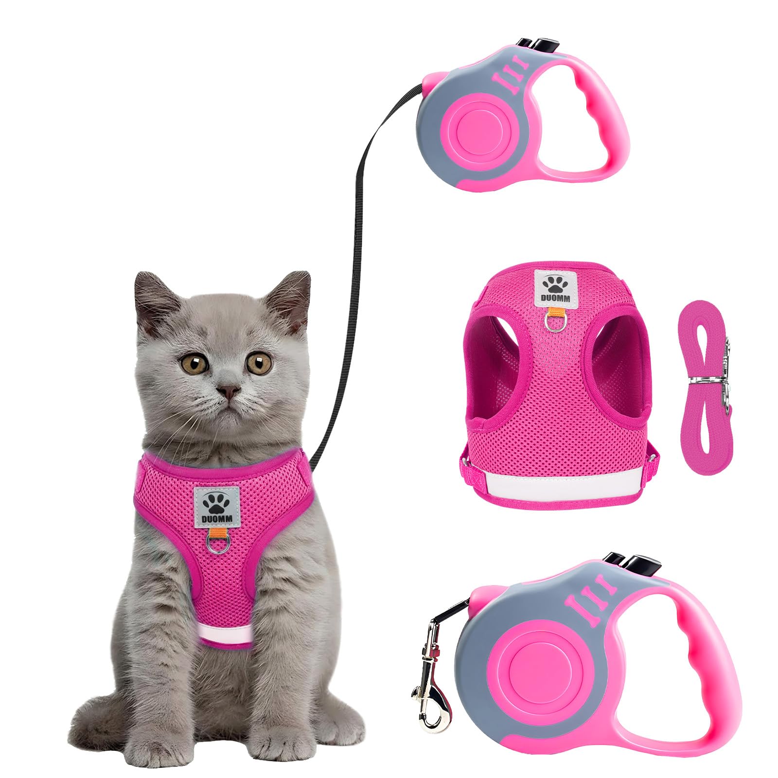 Bindokun Cat Harness and Lead Set, Escape Proof Kitten Harness with Cat Leash, 16.4 Ft / 5M Automatic Retractable Cat Lead for Garden, Reflective Adjustable Soft Vest for Cat Walking (Rose-Red, S)