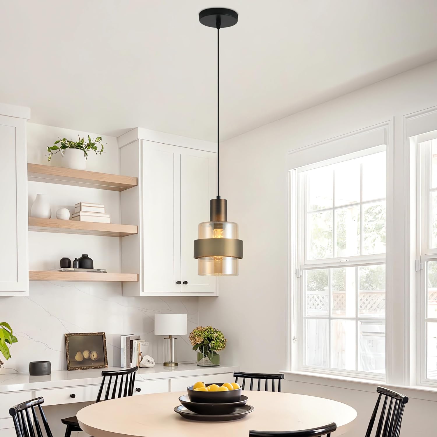 Modern Amber Glass Pendant Light Fixtures Kitchen Island Lighting, Mini Glass Pendant Lights with Bronze Finish Matal Ring, E26 Height Adjustable Hanging Lights for Kitchen Dining Living Room