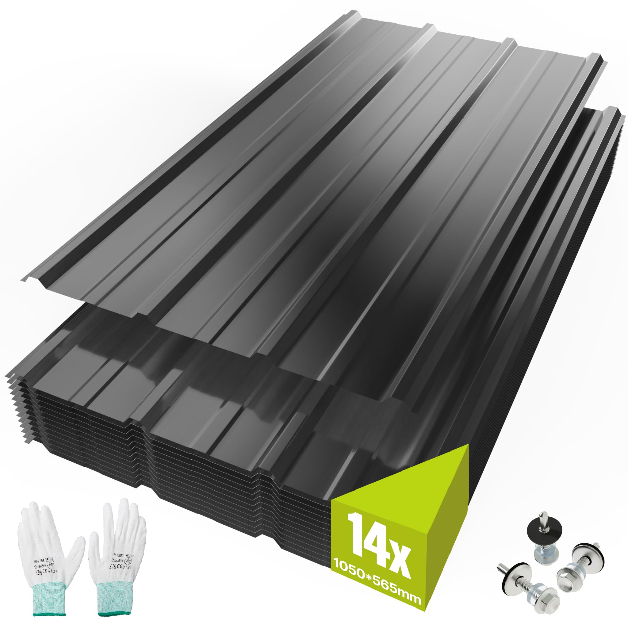Mondeer 14PCS Roofing Sheets, 8.3m² Galvanised Steel, 105 x 56.5 cm, Metal Corrugated Trapezoidal Grooved Roof for Outdoor Storage, Bin Store & Bike Shed, Includes Gloves and Screws, Black