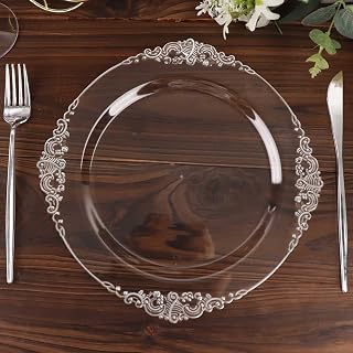 Efavormart 10 Pack | Clear/Silver Baroque 10" Round Plastic Dinner Plates, Disposable Tableware with Leaf Embossed Gold Rim