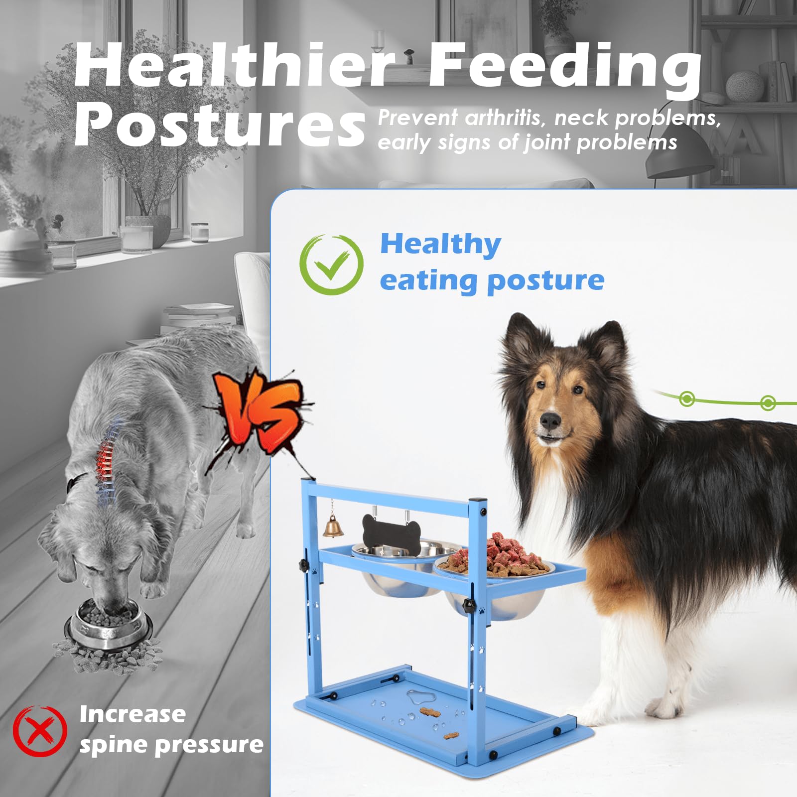 SHAINFUN Soporte Elevado Azul para Perros con Dos Cuencos de Acero Inoxidable de 1700 ml, un comedero Lento y tapete a Prueba de derrames, Cuencos elevados Ajustables para Razas Grandes, Medianas y