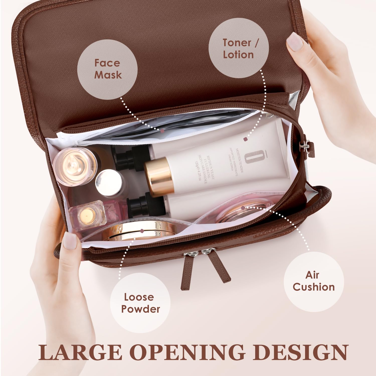 ETRONIK Flap Makeup Bag, Double Layer Travel Makeup Bag, Large Leather Cosmetic Travel Bag, Portable Makeup Bag Organizer for Women and Girls, Coffee