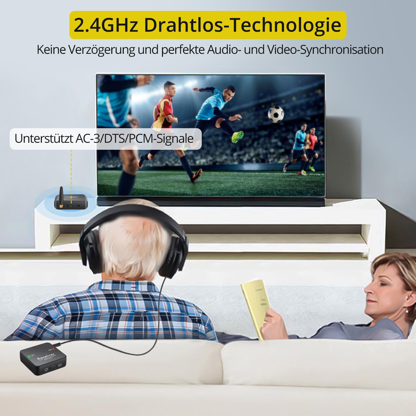 PROZOR 2,4 GHz Drahtloser Audio-Senderempfänger für TV-Unterstützung Optischer koaxialer 3,5-mm-Eingang 96 kHz / 24 Bit digitaler Audioadapter mit geringer Latenz 165 Fuß große Reichweite