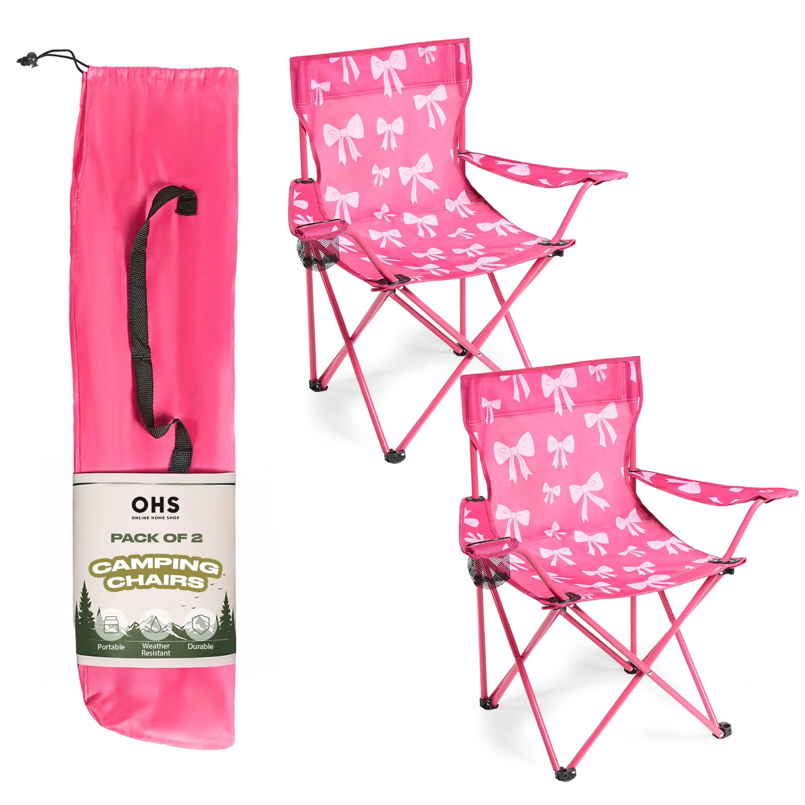 OHS Bow Print Camping Chairs Set of 2, High Back Camping Chairs for Adults with Drinks Cup Holder Lightweight Compact Foldable Chair Picnic Festival Garden Outdoor Chair, Hot Pink โ image 1