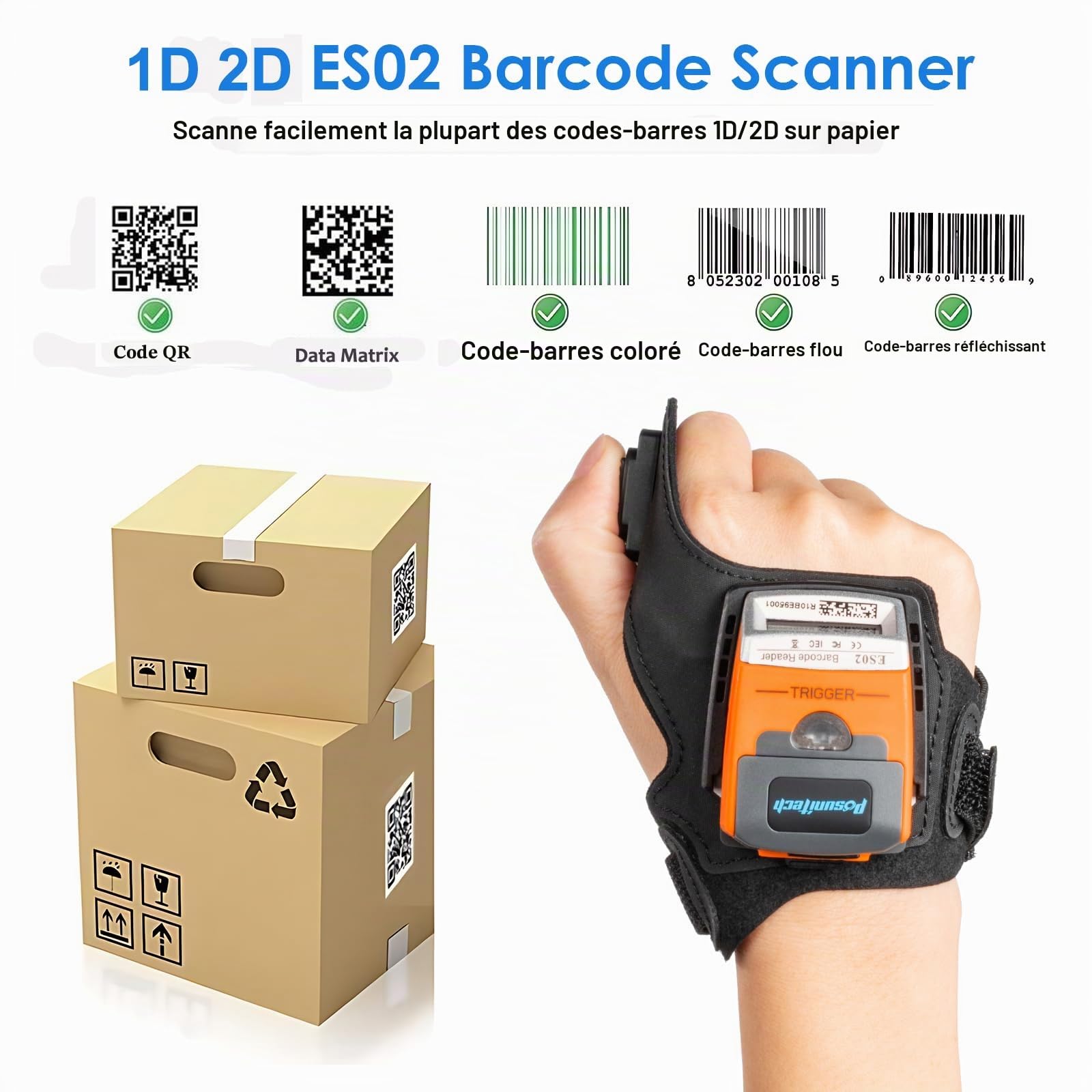 ES02 Scanner de codes-barres gants, sans fil Bluetooth 2D Scanner portable, indice de protection IP65, adapté pour l'entrepôt, la fabrication, le transport, le prélèvement et d'autres