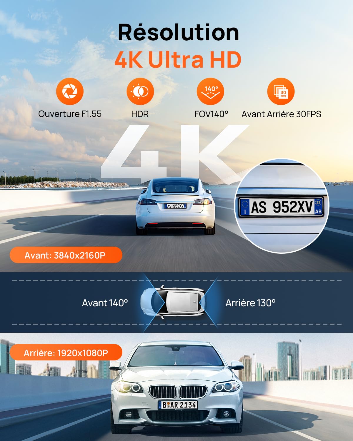 70mai Dash Cam Voiture 4K A800SE - Caméra Double (4K UHD Avant+1080P Arrière) avec GPS, Wi-FI, microSD 128GB Go, Ouverture F1.55, Vision Nocturne, ADAS, Écran IPS 3", Surveillance Stationnement 24/7