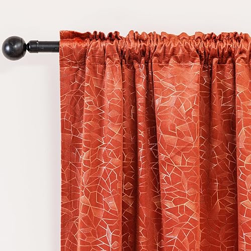 Tootop Cortinas opacas de terciopelo naranja con estampado geométrico de lámina dorada, suaves y lujosas, para sala de estar, dormitorio, bolsillo