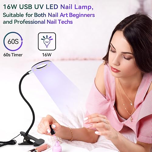 Miniatura 4 de XttnBM Lámpara de uñas LED UV USB de 16 W con clip para uñas de gel, 8 cuentas UVLED, cable de cuello de cisne flexible, tiempo de secado de 60