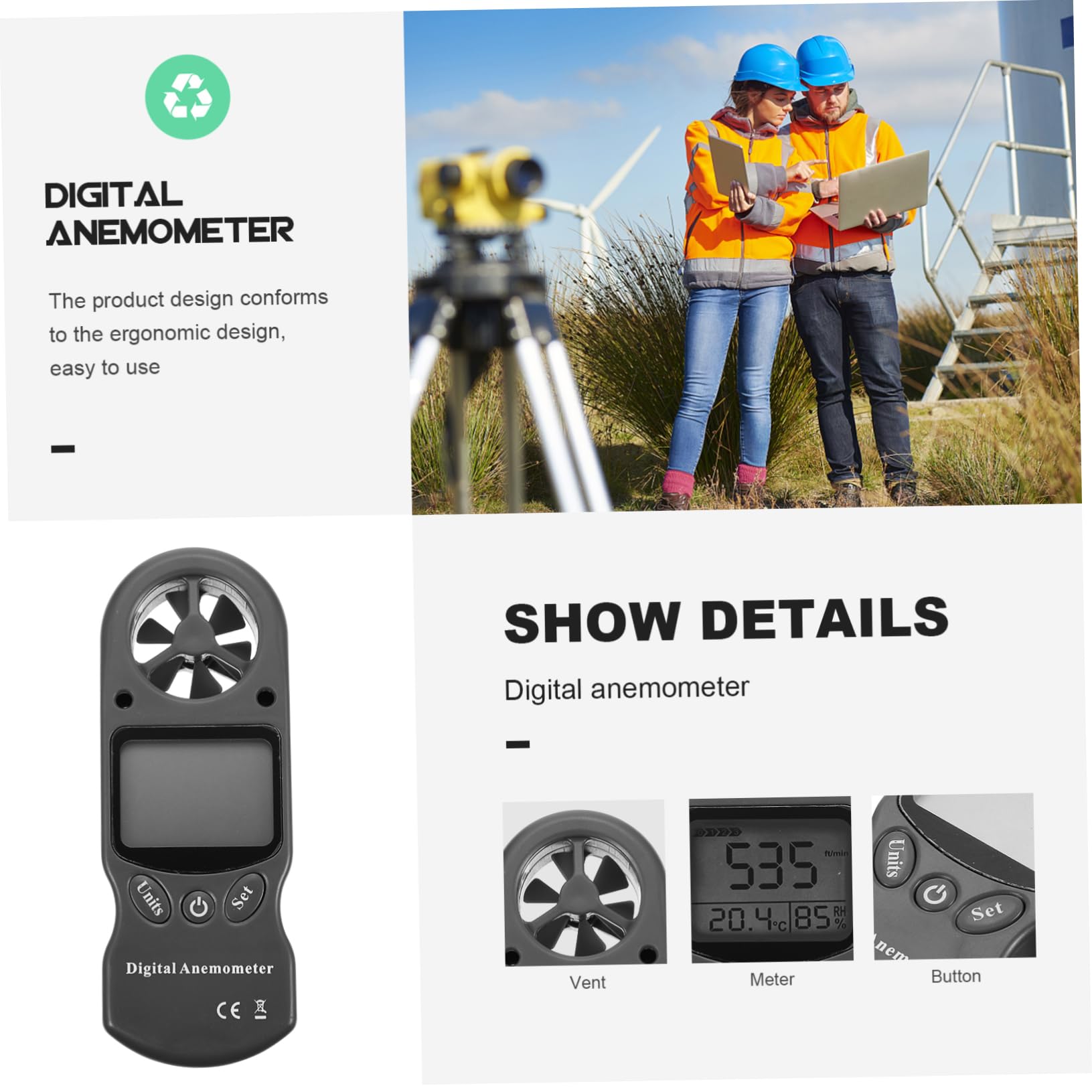 Zerodeko 1pezzi Igrometro Digitale Misuratore Di Velocità Del Vento Con Display Anemometro Portatile Per Misurare Pressione Aria Temperatura e Umidità