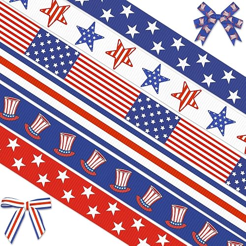 6 rollos de cintas patrióticas de 30 yardas, cintas patrióticas de grogrén de estrella patriótica de 38 pulgadas, cintas de rayas rojas, blancas y