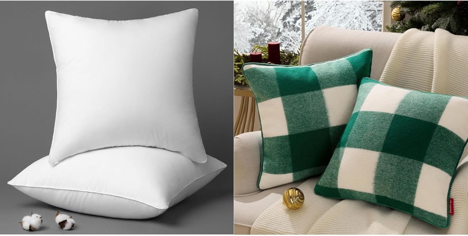 Phantoscope Bundle - 18 x 18 Pillow Inserts - Throw Pillow Inserts with 100% Cotton Cover (2 Pack) Pack of 2 Christmas Throw Pillow Covers, Premium Faux Wool Buffalo Check Pillow Covers 18 x 18 inch