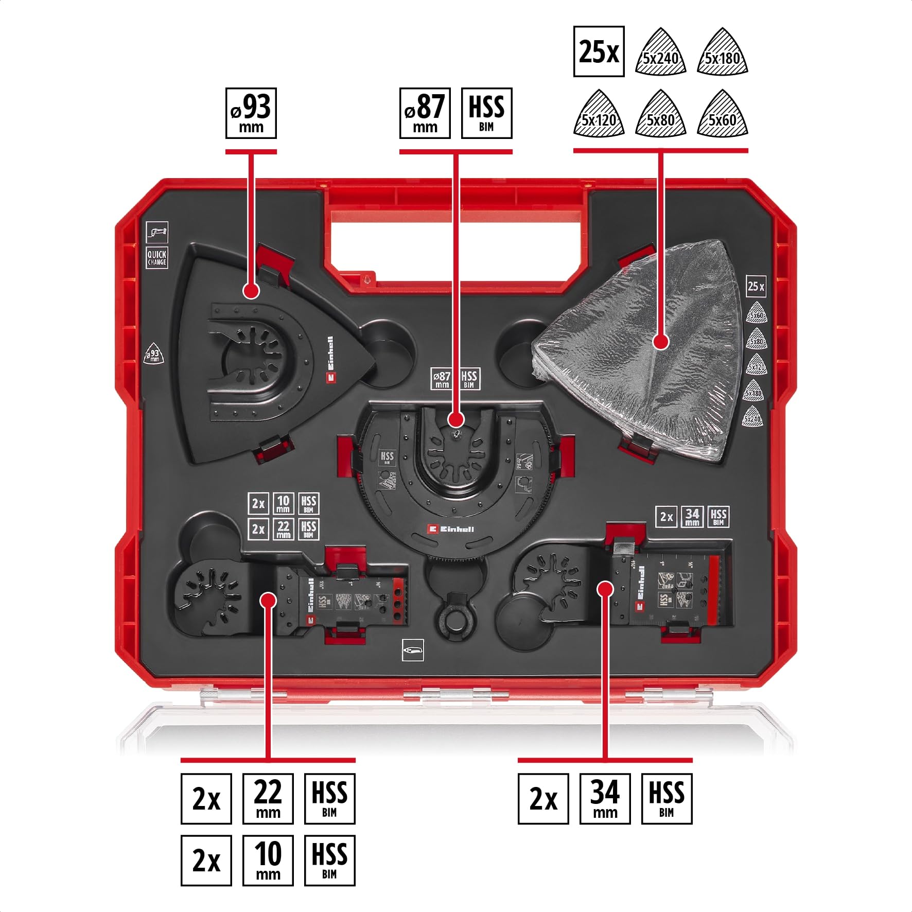 Einhell XL-PLUS-CASE - Juego de 35 herramientas para madera (hojas de sierra de inmersión CV, hoja de sierra semicircular HCS, placa de soporte Delta, papel de lija de óxido de aluminio para madera,