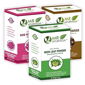 MR Ayurveda 100% Organic Rose Petals Powder, Neem Powder & Mulethi Powder - Pack of 3 (100 Grams Each)