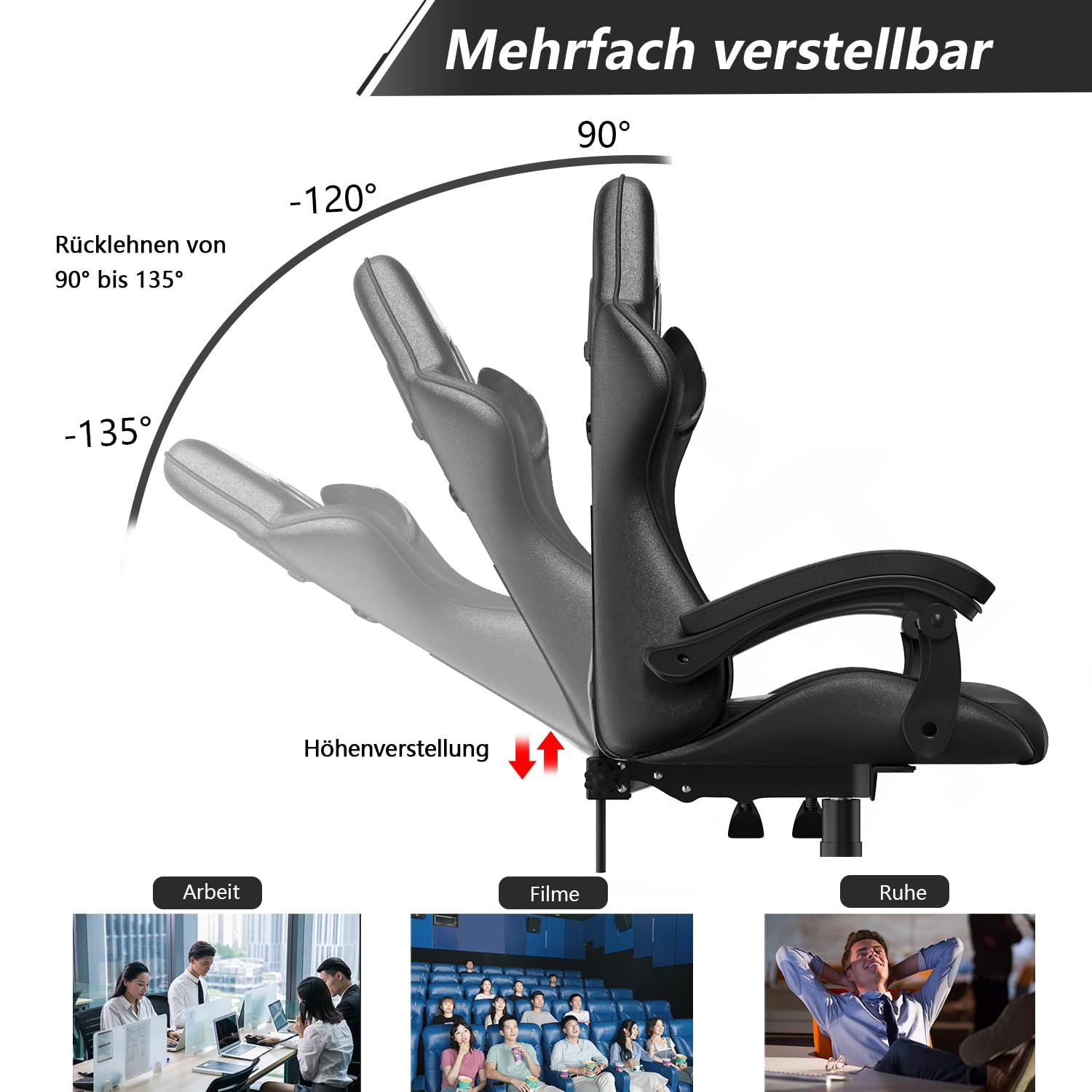 Racingreat Zockersessel mit Kopfstütze und Lendenwirbelstütze (Schwarz) | Ergonomischer Gaming Chair, PU-Leder, 90°–135° Neigungswinkel und Höhenverstellbar, Kinder Junge Erwachsene Büro Familien