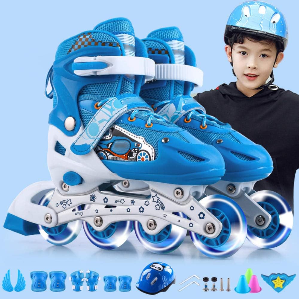 Inline Skate Adjustable Size Flash Wheels with Protective Equipment One Foot Brake Suitable for Beginners Girl Boy Universal/Blue/S