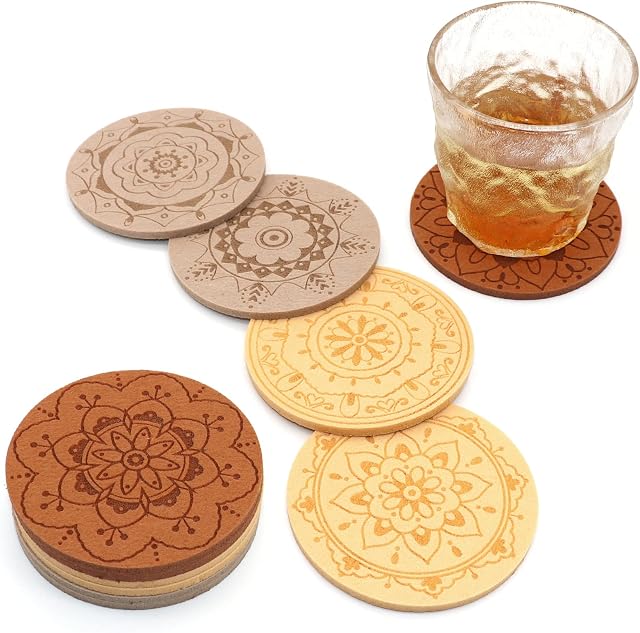 STARUBY Coasters Set of 12 Non-Slip Washable Felt Coaster Laser Engraving Flower Line Pattern Drink Coaster for Dining Table, Bar, Coffee Bar Decoration, As Gift (round 3cm Grey Skin Tone Brown