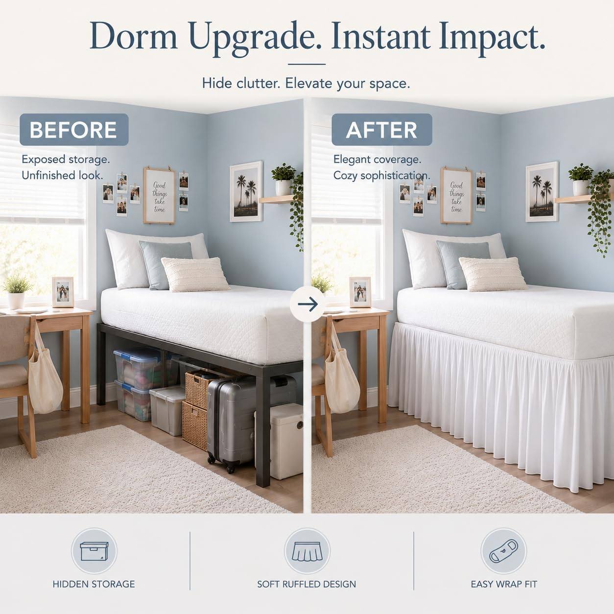 Dorm Bed Skirt Twin XL-42 Inch Drop, Easy Wrap Around Elastic Dust Ruffle, Hide Underbed Storage, Soft Wrinkle Resistant Microfiber, College Dorm Bedding, White