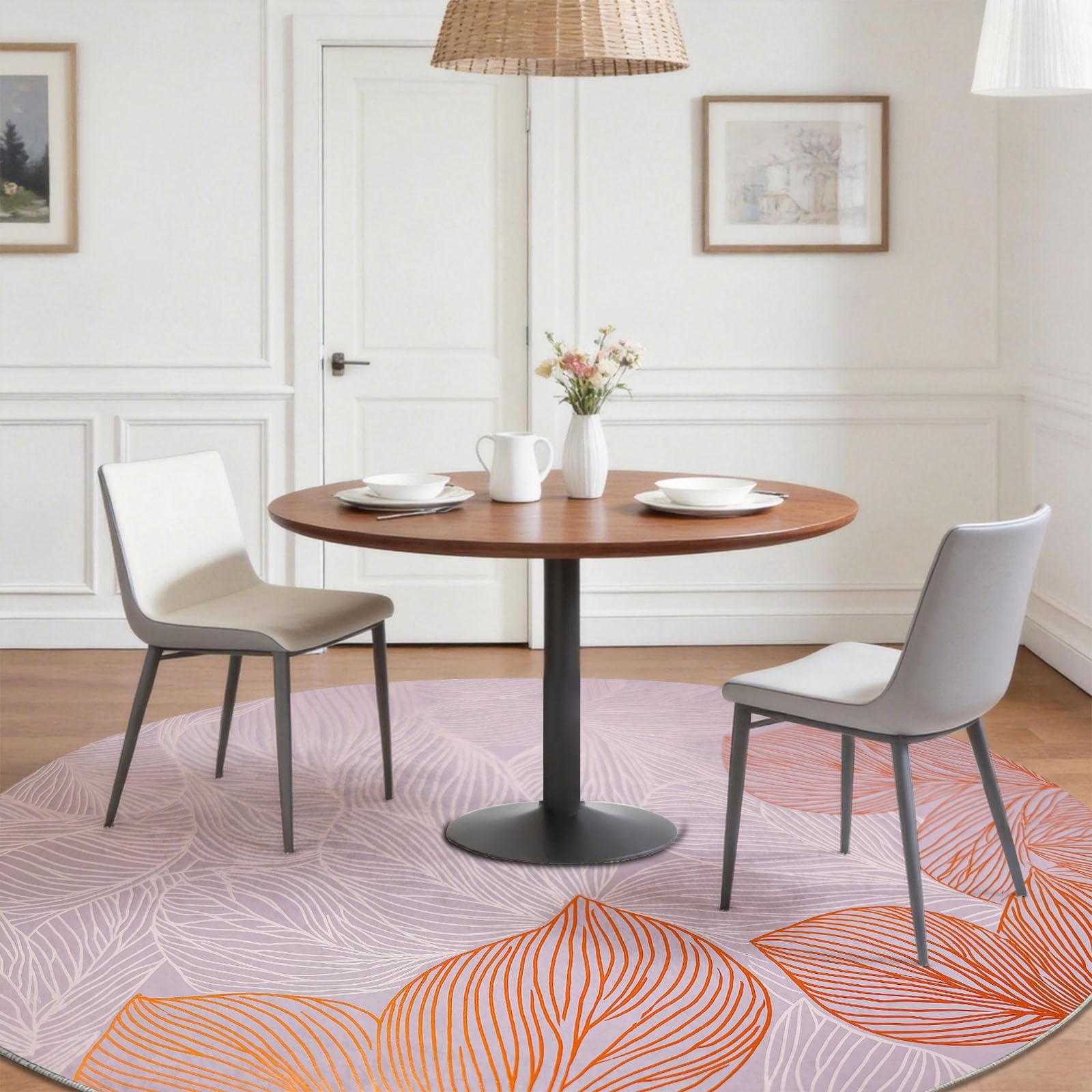 Rose Tapis Rond Lavable en Machine, Nature Minimaliste Anti Slip Tapis