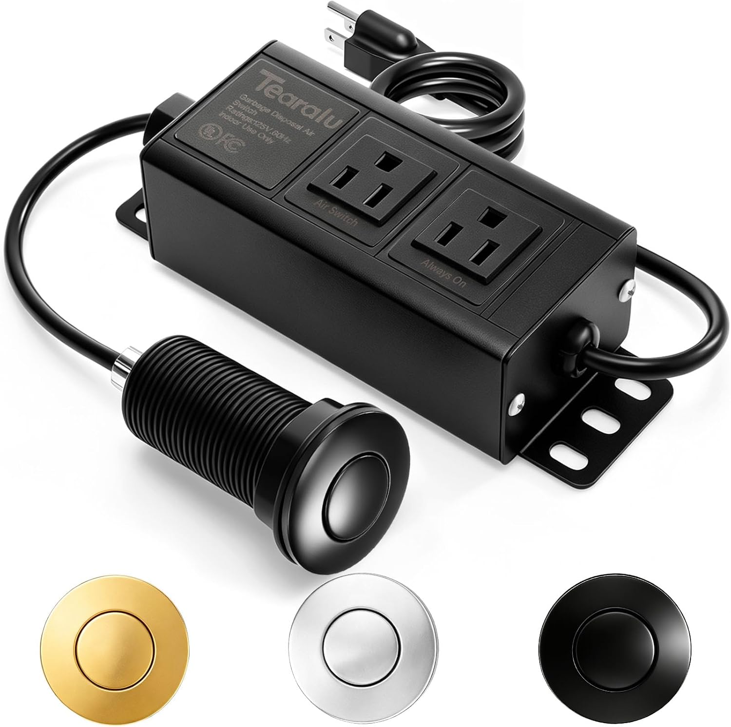 Garbage Disposal Air Switch Kit Dual Outlet, Sink Top Push Button UL Listed | Brushed Nickel Switch Button 3.5" Long, Black Waterproof Stainless Steel Countertop Button