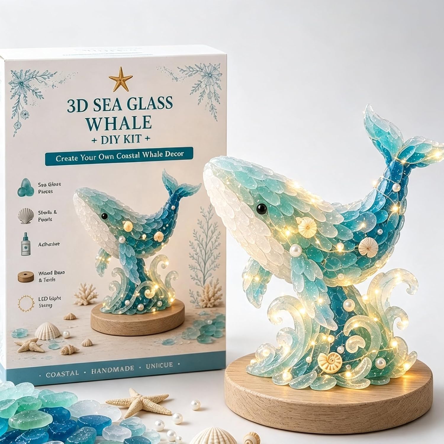 Sea Glass Art Kit, DIY Mosaic Craft Kit with Shells & Pearls，Whale
