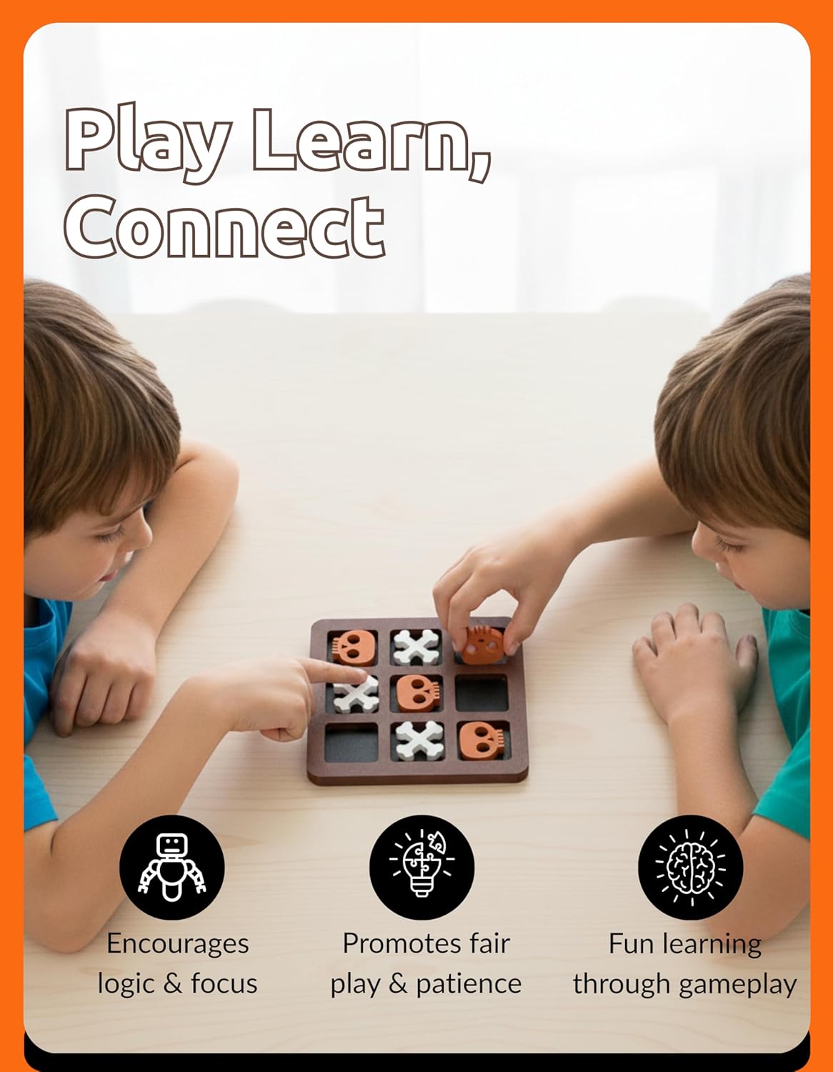 Wooden Tic Tac Toe Board Game - Halloween Skull Crossbones XO Strategy Game Set for Kids and Families, 2 Player Brain-Boosting Premium Plywood Classic Tabletop, Fun Spooky