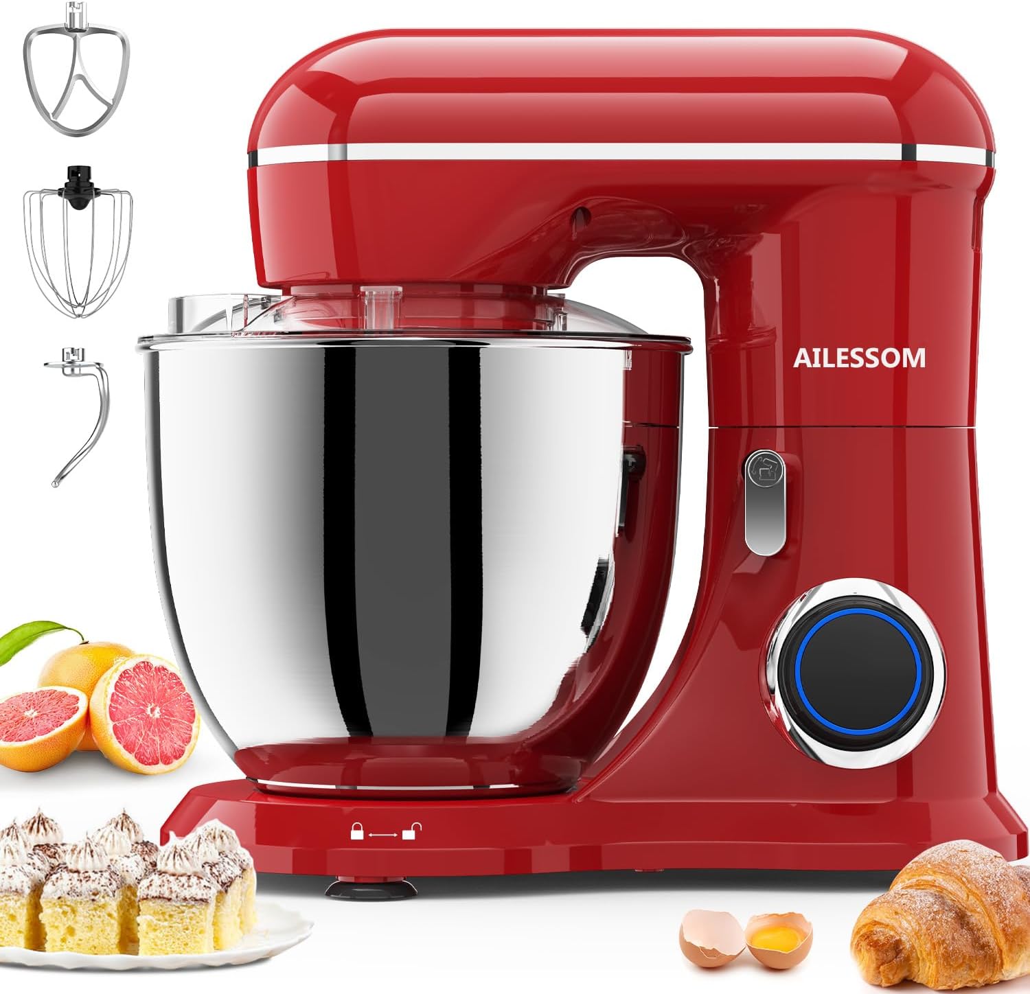 3-IN-1 Electric Stand Mixer, 10-Speed With Pulse Button, Attachments include 6.5QT Bowl, Dough Hook, Beater, Whisk for Most Home Cooks (Empire Red)