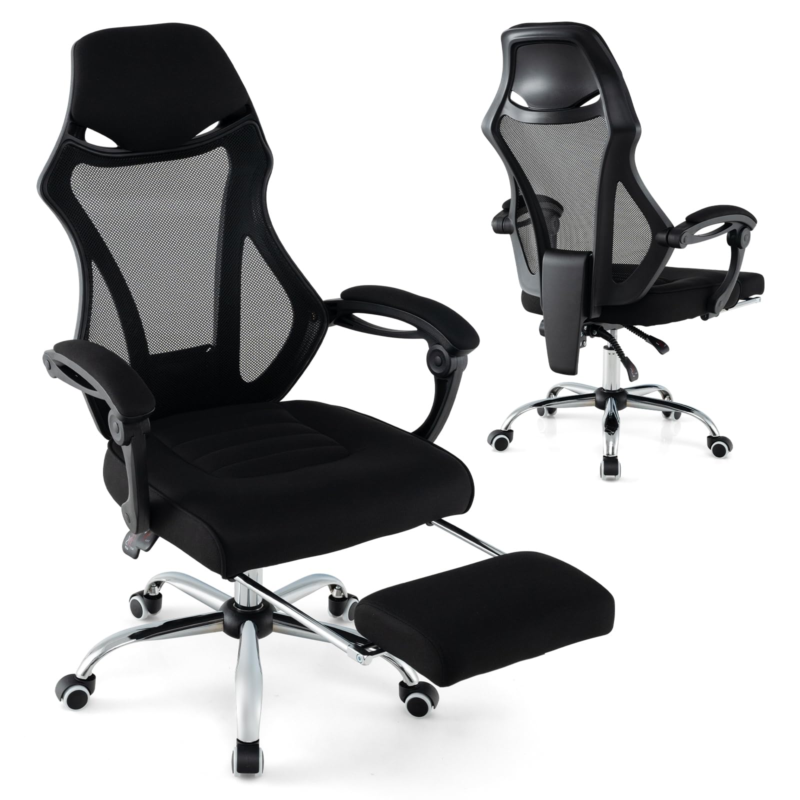 GYMAX Sedia da Scrivania per Computer, Sedia da Ufficio Ergonomica in Mesh Regolabile in Altezza con Schiena Inclinabile, Braccioli, Testiera, Sedia Girante Reclinabile per Sala Riunioni, Nera