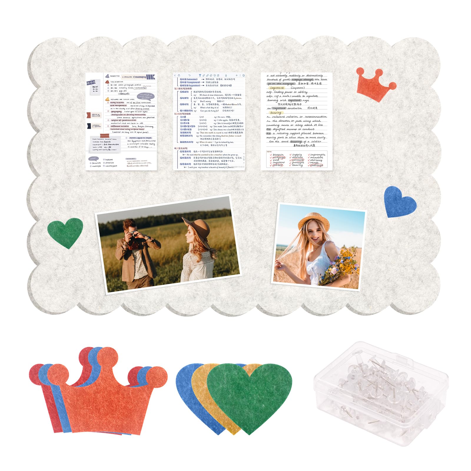 DingGreat Felt Bulletin Board 90x60cm Scalloped Edge Light Beige - Thick 9mm Felt Pin Board for Walls, Large Cork Board Alternative with Push Pins, Photo Vision Board for Home Office Decor, Classroom