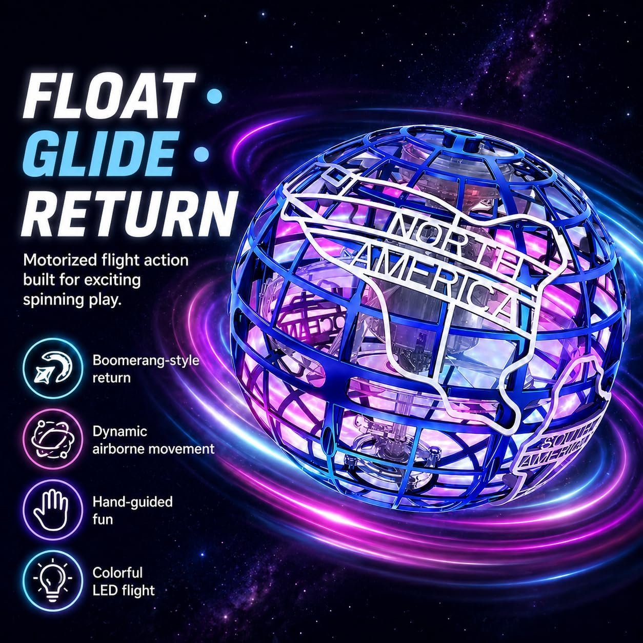 Globe Pro Flying Orb Ball – Hand Controlled Boomerang Hover Ball with LED Lights, USB Rechargeable Mini Drone Spinner Toy, Indoor Outdoor Play, Gift for Kids 6+ Boys Girls & Adults