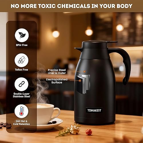 Miniatura 23 de Jarra térmica de café de 2L/68 onzas, doble pared al vacío de acero inoxidable 304, termo aislado de acero inoxidable, 24 horas mantiene el Negro